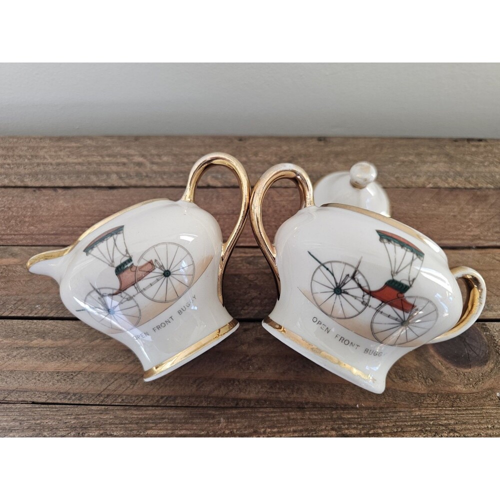 Small Vintage Kingwood China Creamer And Sugar Carriage Wagon Stagecoach Design